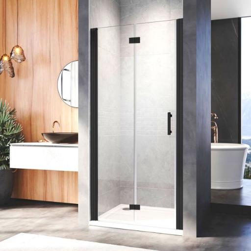 Bi-Fold 74-78X200cm Clear Glass 6mm Black Matt Frame